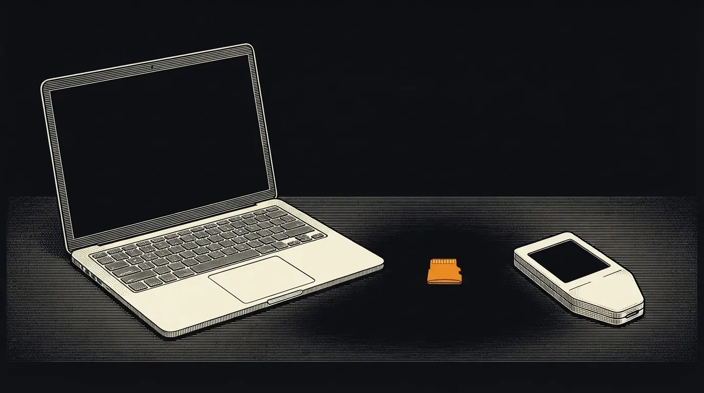 A laptop and a hardware signing device sit apart on a desk with no cable; a microSD card lies between them.