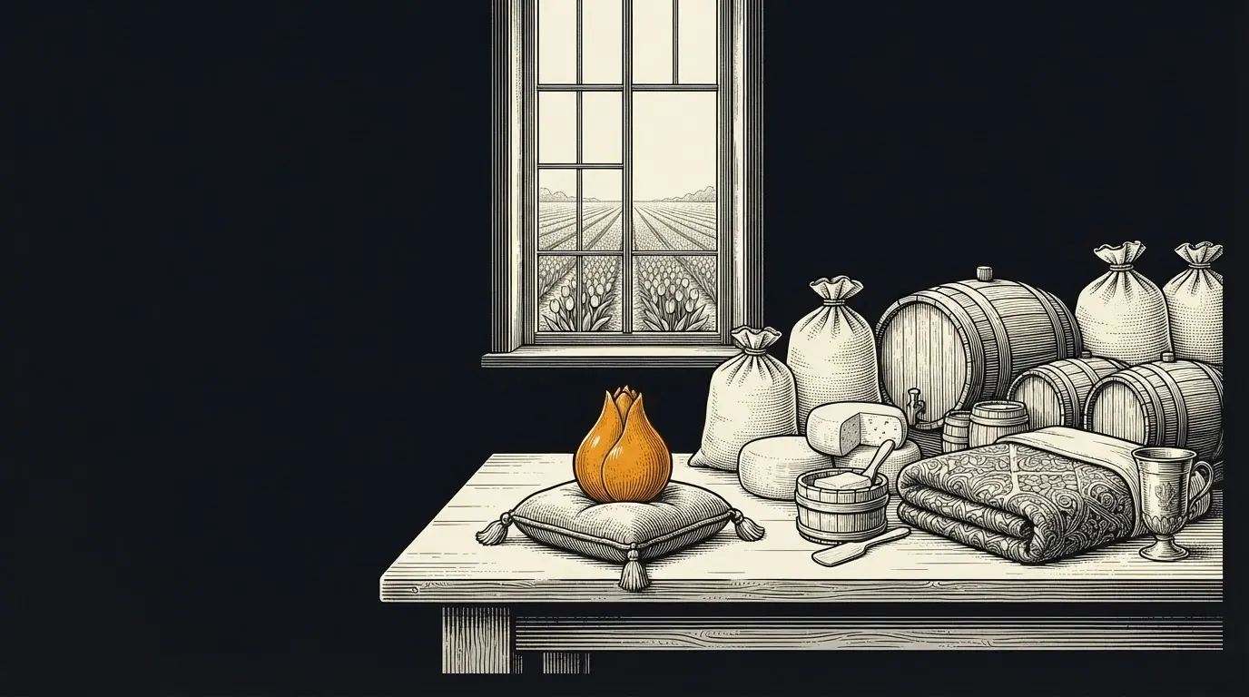 A tulip bulb on a cushion beside a heap of grain sacks, casks, cheese and a silver cup, with planted tulip fields beyond the window.