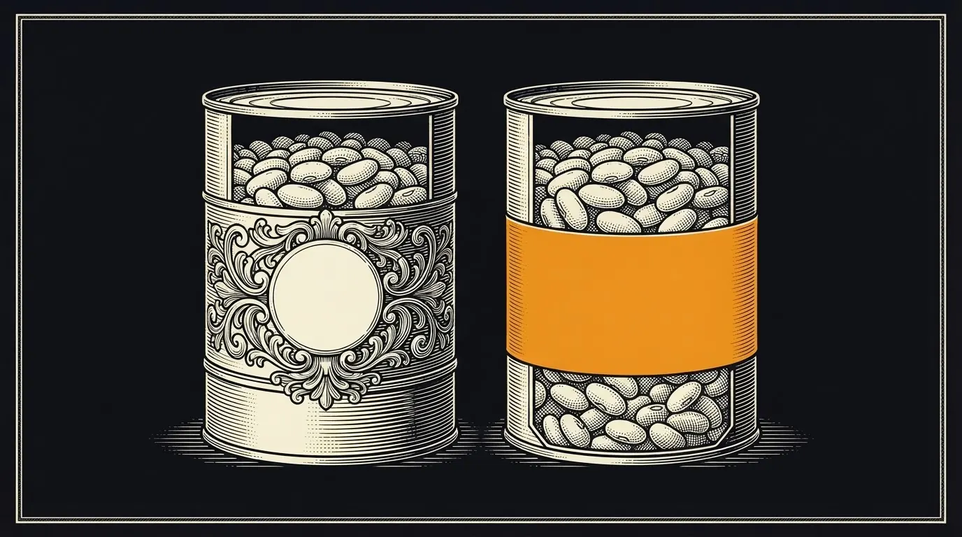 Two cut-away cans holding identical beans, one with an ornate wrapper and one with a plain wrapper.