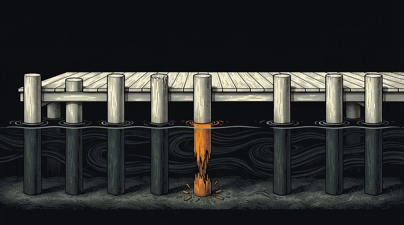 A level pier standing on pilings, one of them rotted through below the murky waterline.