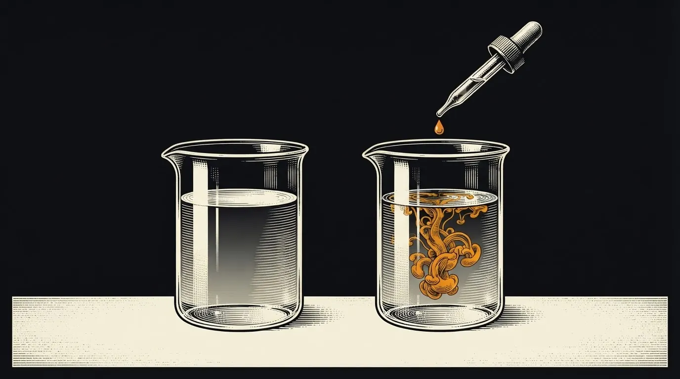 Two glass beakers of water; in one, a drop of ink spreads through the water.