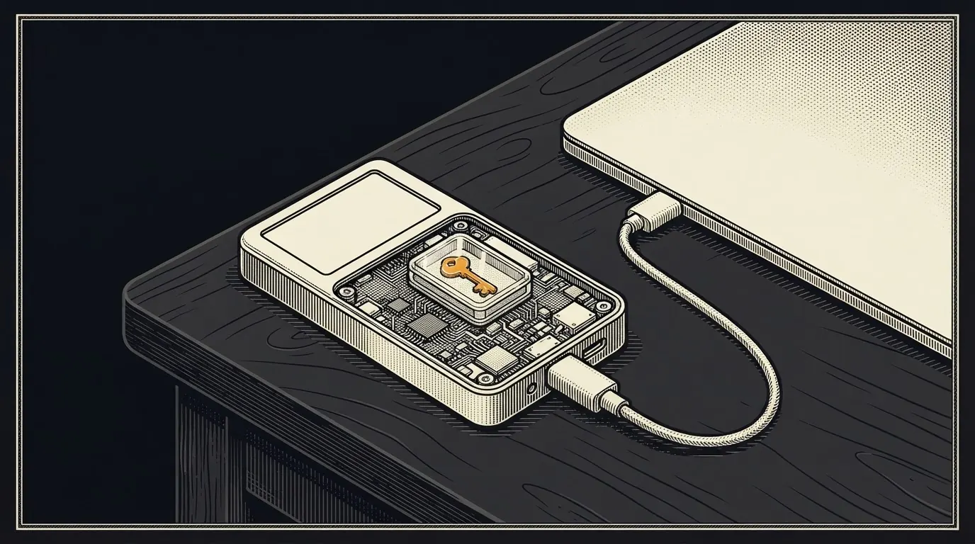 A cutaway hardware wallet showing a small key sealed inside, connected by a cable to a closed laptop.