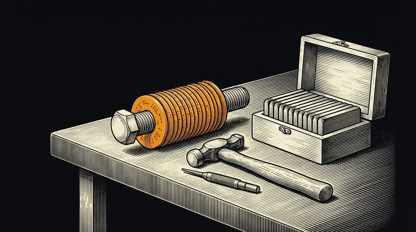 A bolt threaded with stamped steel washers beside a hammer, a center punch and a case of letter stamps.