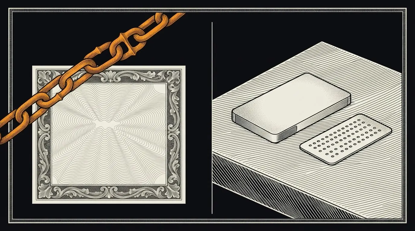 Left, a paper certificate chained off-frame; right, a hardware wallet and steel plate lying free.