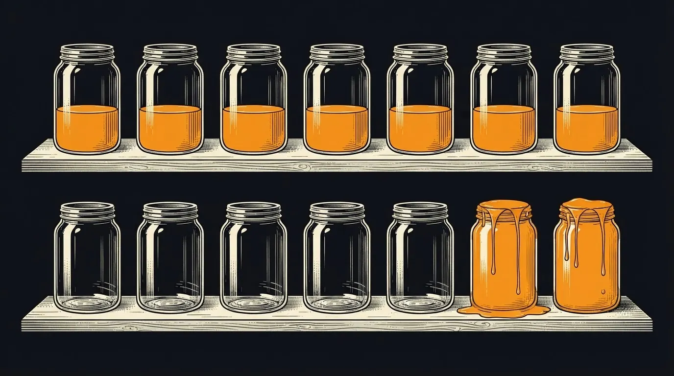 Two rows of tumblers: one filled evenly to the same level, the other empty until the last two overflow onto the shelf.
