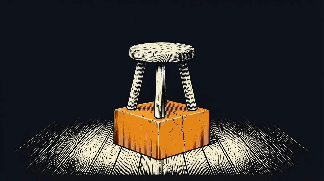 A three-legged stool balanced with all three legs on one small cracked stone block.