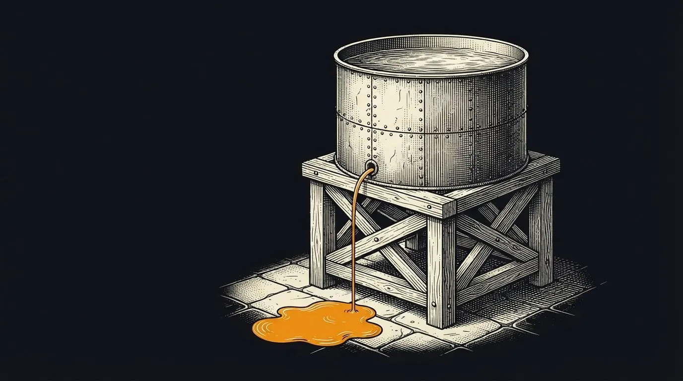 A full iron water tank on a timber stand with a thin stream leaking from a hole near its base.