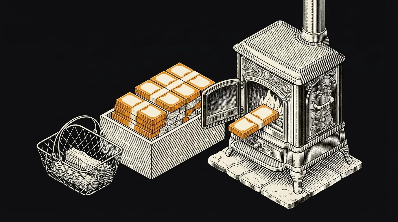 A cast-iron stove with its door open and bundles of banknotes stacked beside it like firewood, one bundle going into the fire.