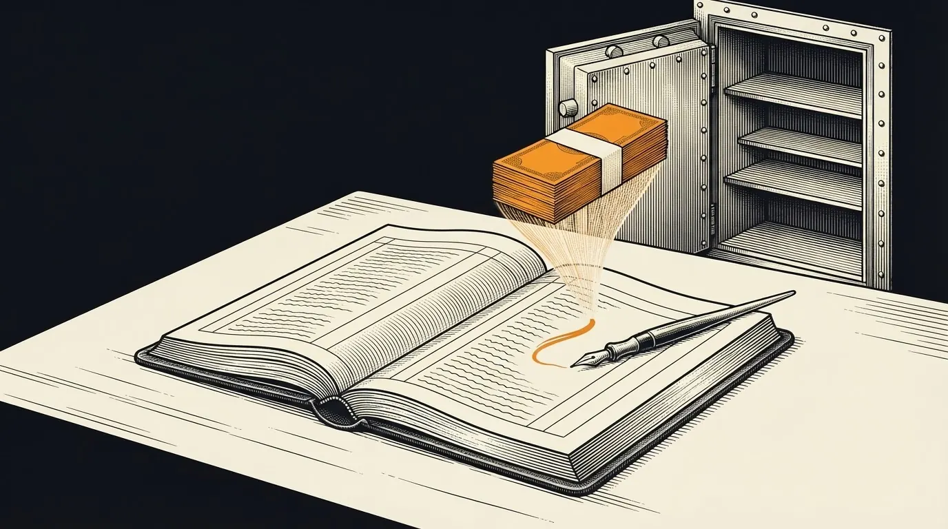 A dip pen on an open ledger with a bundle of banknotes rising from the ink stroke, and an empty vault behind.