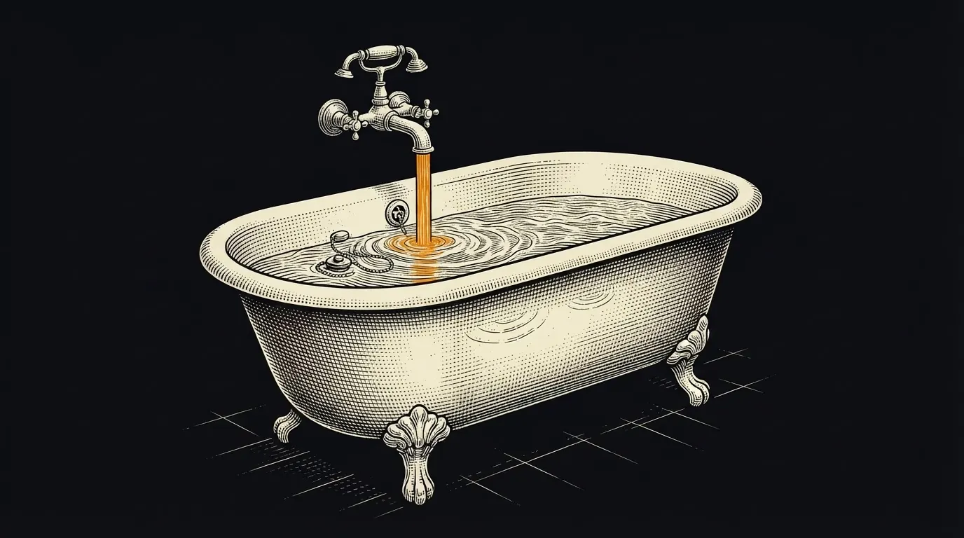 A bathtub filling from a running faucet, with rings on the inside wall showing where the water level used to be.