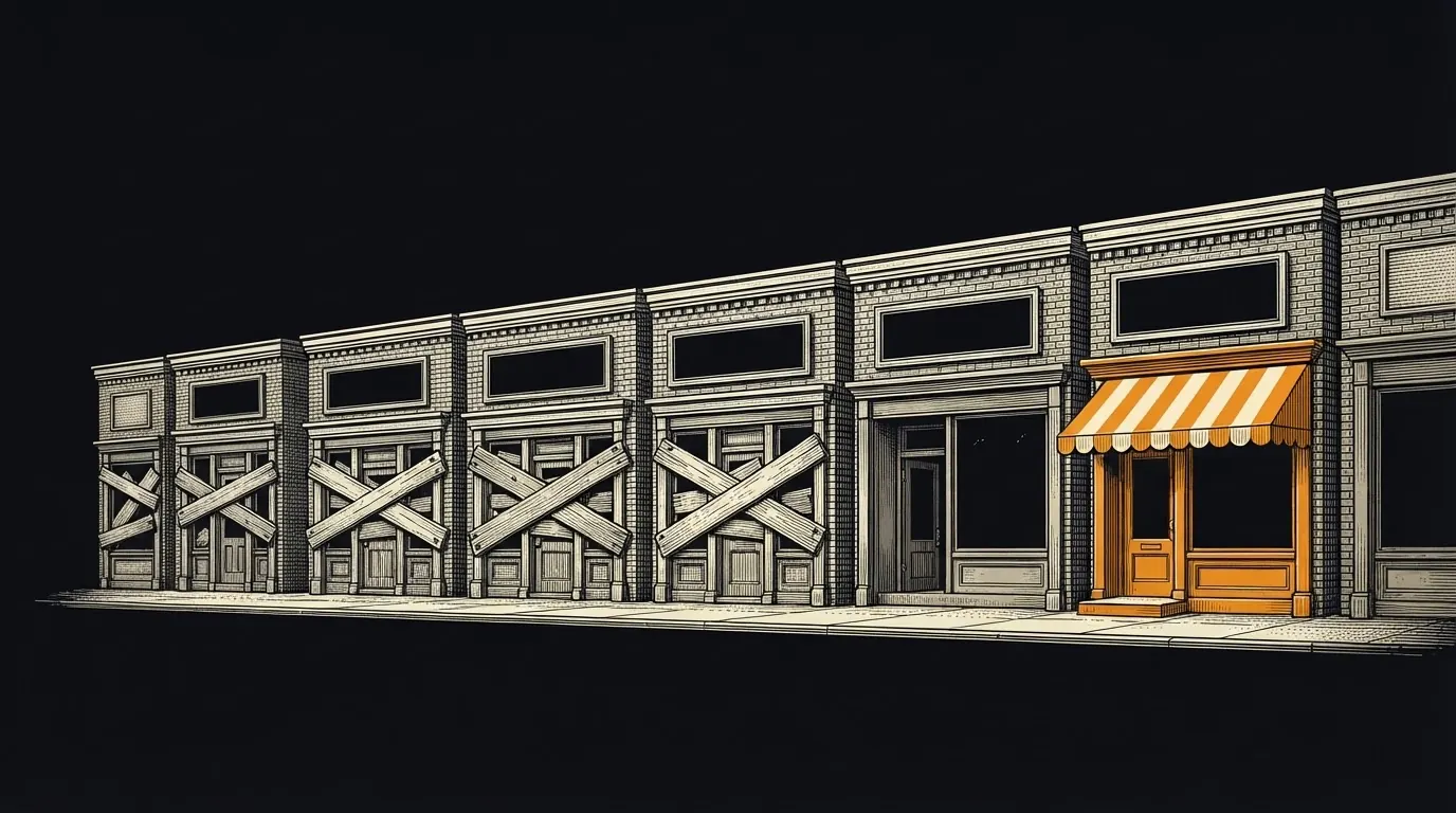 A row of ten shopfronts, six boarded up, three plain and one well kept.