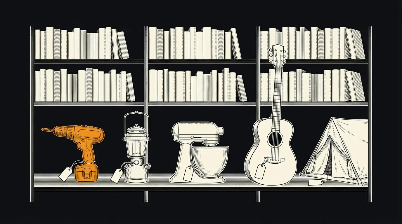Library shelves with books above and a drill, lantern, mixer, guitar and tent on the lower shelves.