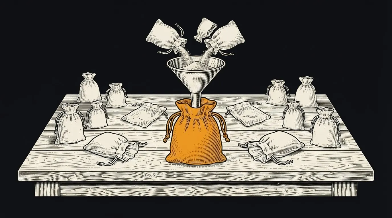 Many small drawstring pouches scattered on a table, their fine grains being poured through a funnel into one larger pouch.