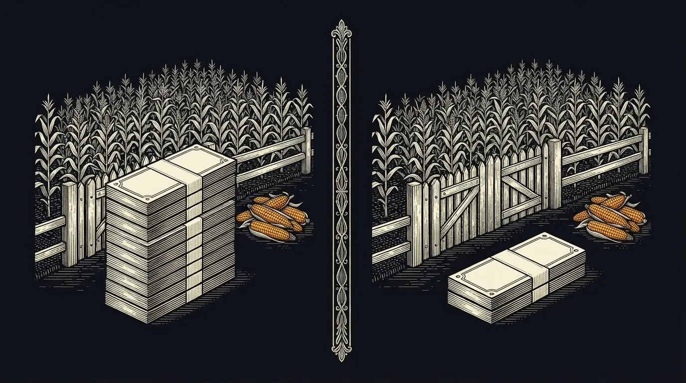 The same cornfield shown twice with the same harvest, once behind a tall stack of banknotes and once behind a short stack.