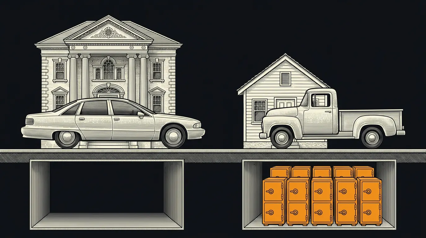 Two houses in cutaway: a large showy house with an empty cellar and a modest house with a cellar full of strongboxes.