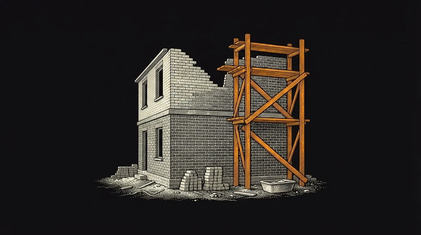 A half-built brick house with timber scaffolding around its unfinished upper walls.