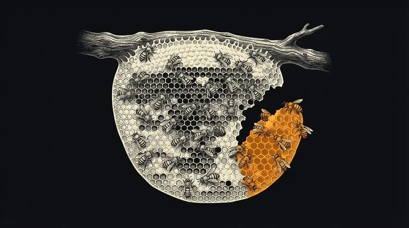 Bees spread across a wild honeycomb, with a small group rebuilding a broken edge.