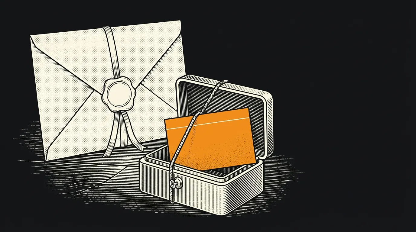 A sealed will set aside on a desk while a strongbox is tied by a cord to a small index card.