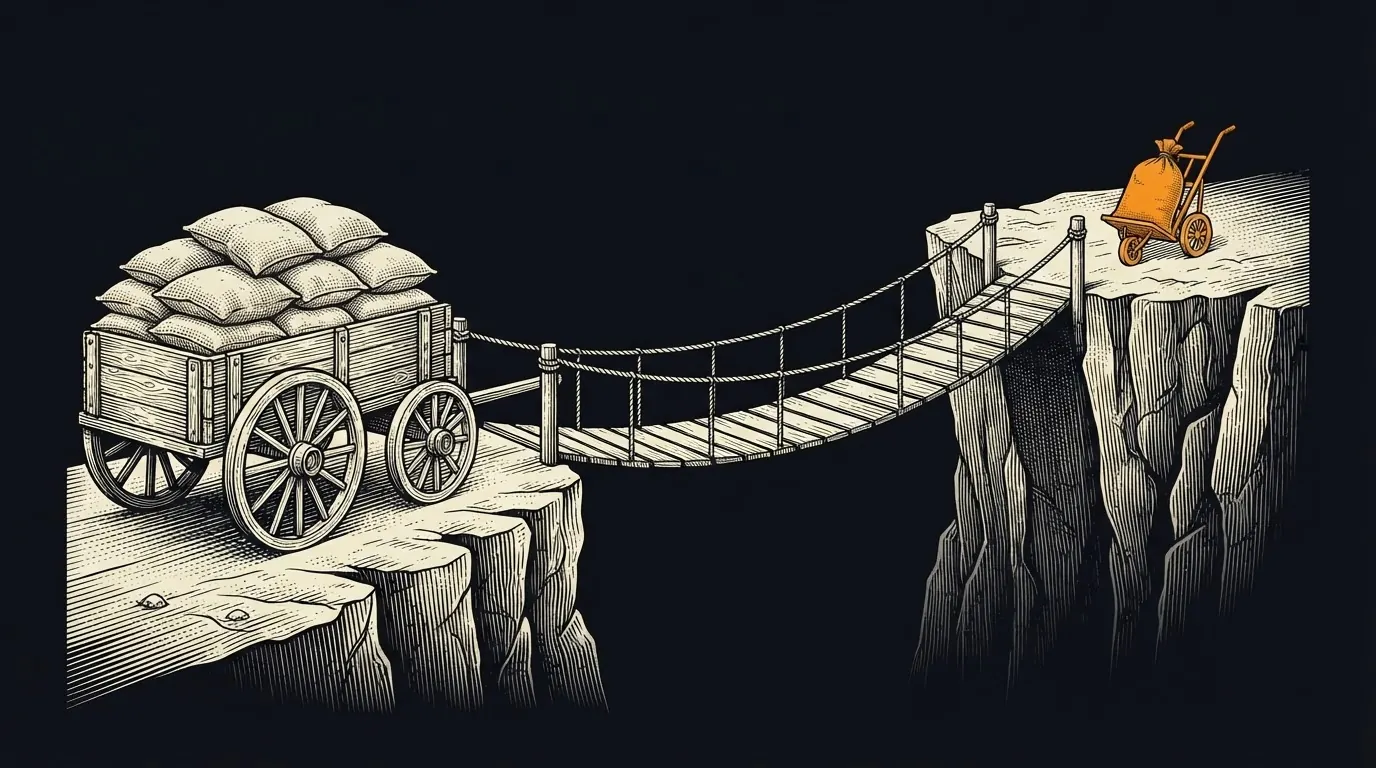 A footbridge over a ravine, with a small handcart already across and a heavily loaded wagon waiting to cross.